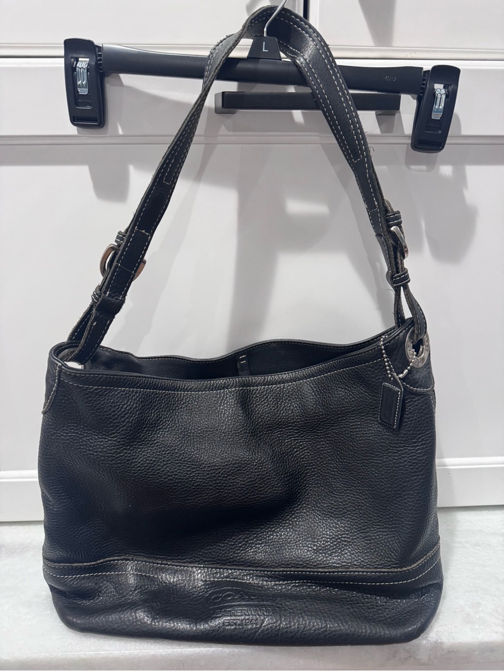 Black Leather Shoulder Bag with Contrast Stitching by Coach
